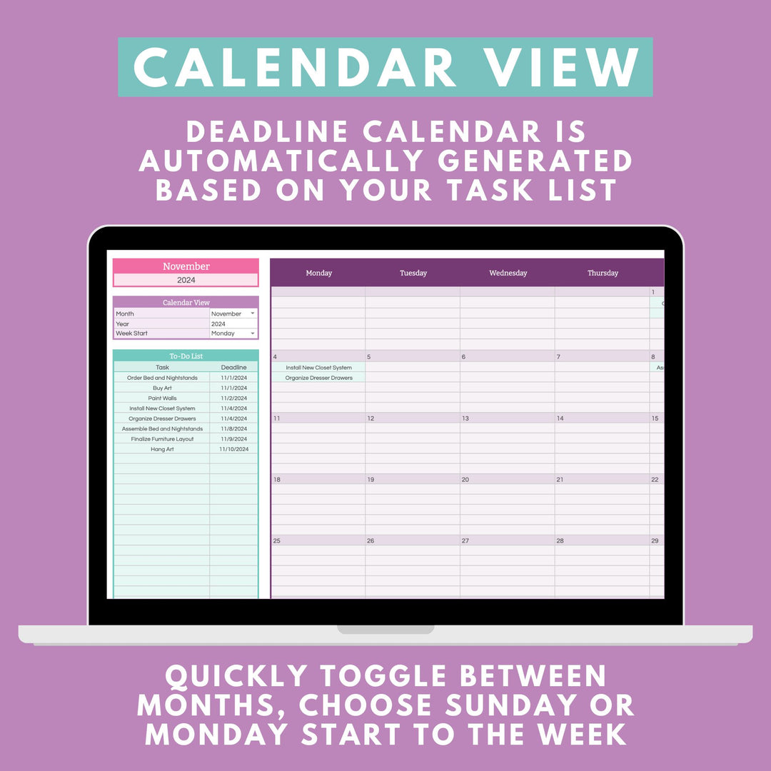 The Home Renovation Project Spreadsheet for Google Sheets by Abby Organizes displays a digital calendar for November 2024, featuring a to-do list and an empty week view from Monday to Thursday. The interface is bordered with text promoting automatic deadline generation and customizable week starts, making organizing your tasks effortless.