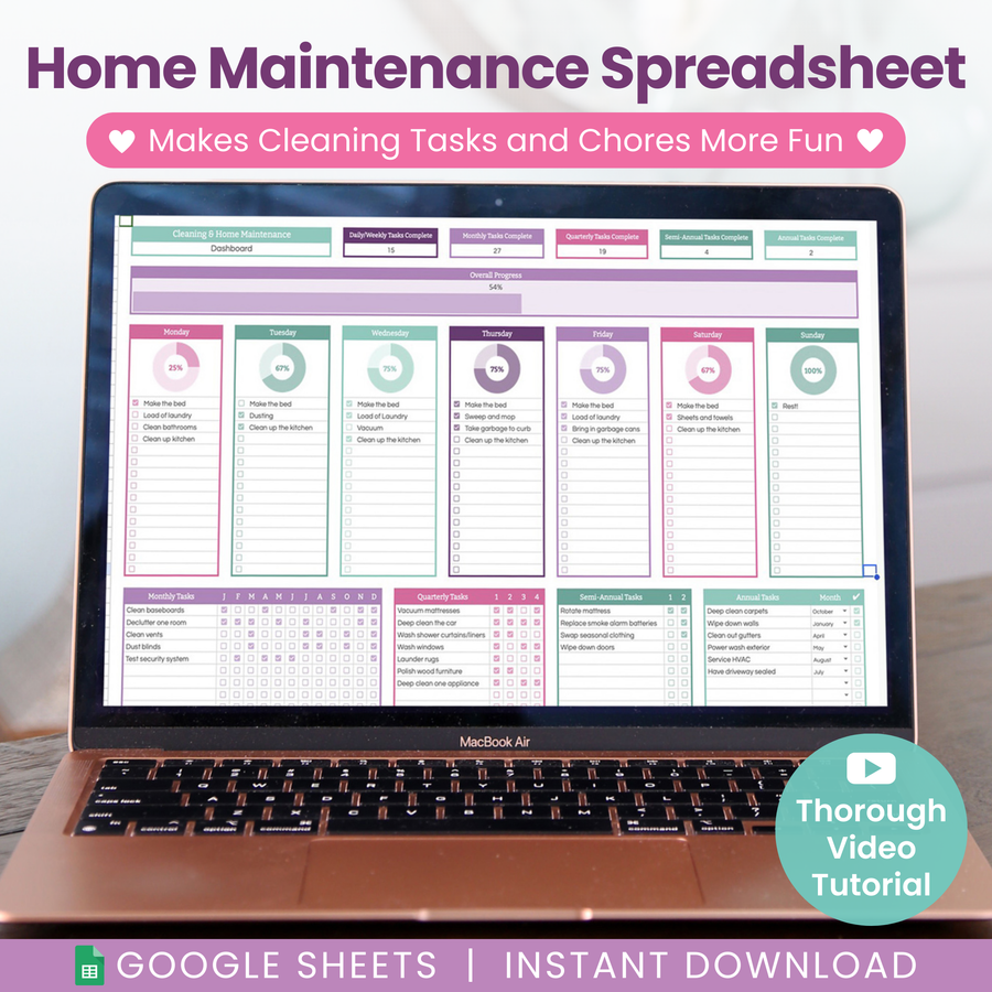 A MacBook Air displays a colorful home maintenance spreadsheet dashboard with cleaning tasks, charts, and checklists. Text above reads "Home Maintenance Spreadsheet" and "Makes Cleaning Tasks and Chores More Fun." 