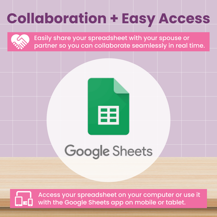 Google Sheets logo with text highlighting its collaboration features and easy access from computers or mobile devices for seamless sharing and editing.