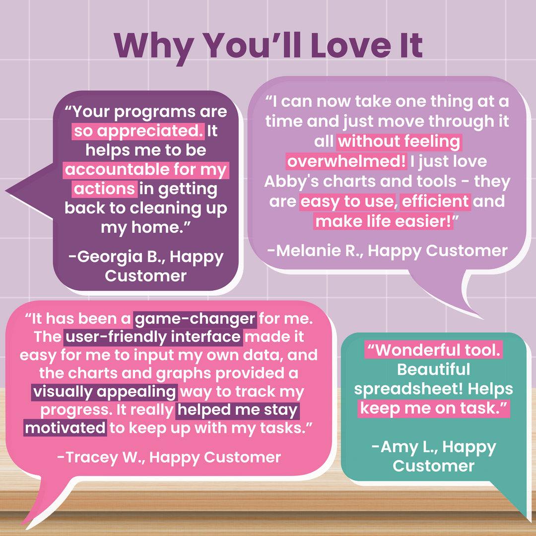 Four testimonial quotes from happy customers are shown in colorful speech bubbles on a purple background, each praising the Cleaning and Home Maintenance Spreadsheet for helpful charts, task accountability, ease of use, and staying on task.