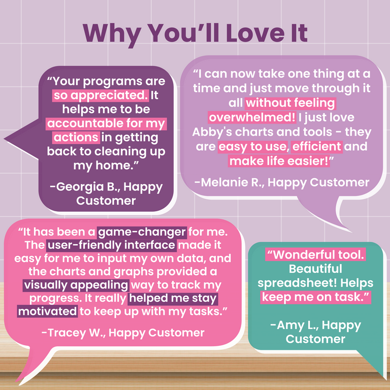 Four testimonial quotes from happy customers are shown in colorful speech bubbles on a purple background, each praising the Cleaning and Home Maintenance Spreadsheet for helpful charts, task accountability, ease of use, and staying on task.