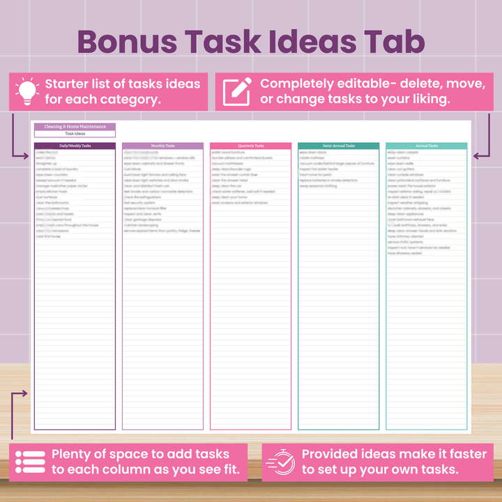A colorful chart titled "Bonus Task Ideas Tab" displays columns of task ideas by category. Pink boxes highlight features: editable, with starter lists, space to add tasks, and prefilled ideas for easy setup.