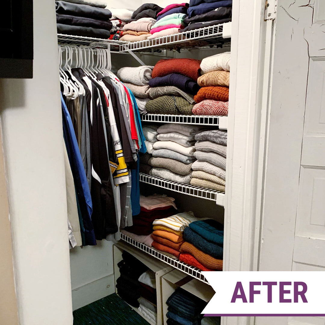 Organized Closet After Photo with Neatly Folded Sweaters on Shelves and Tidy Hanging Items