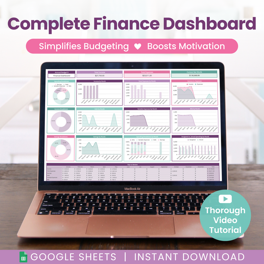 A laptop shows the “Complete Finance Dashboard and Annual Budget System for Google Sheets” by Abby Organizes, featuring a budgeting tool, net worth calculator, video tutorial, and instant download for easy financial management.