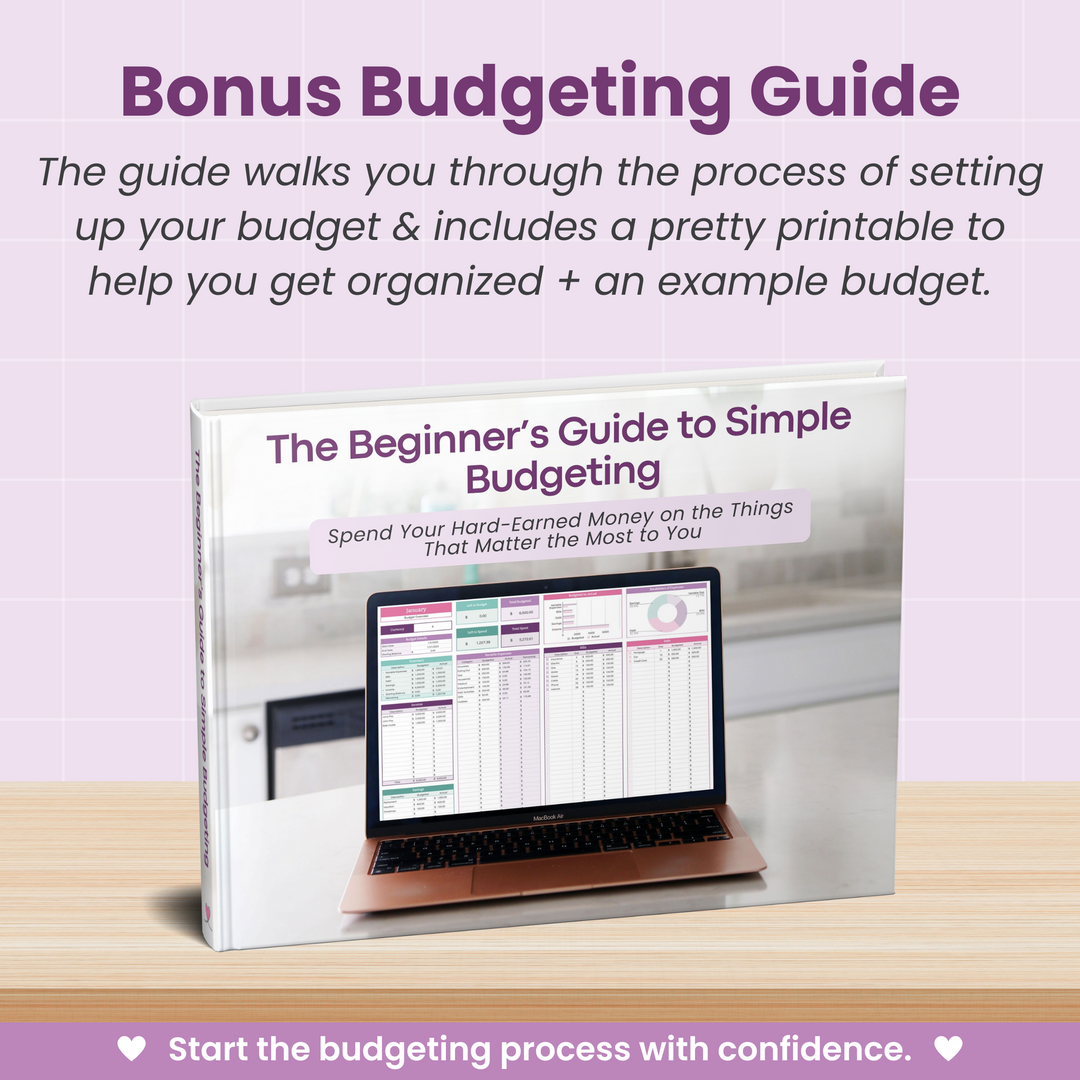A promotional image for the "Complete Finance Dashboard and Annual Budget System for Google Sheets" by Abby Organizes, showing a computer with budgeting spreadsheets, printables, an example budget, and a net worth calculator on a wooden surface.