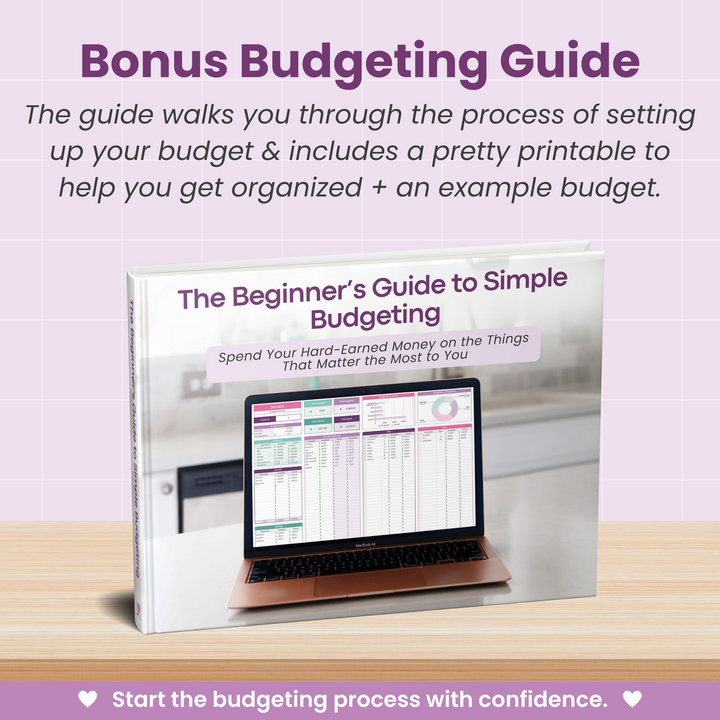 A promotional image for the "Complete Finance Dashboard and Annual Budget System for Google Sheets" by Abby Organizes, showing a computer with budgeting spreadsheets, printables, an example budget, and a net worth calculator on a wooden surface.