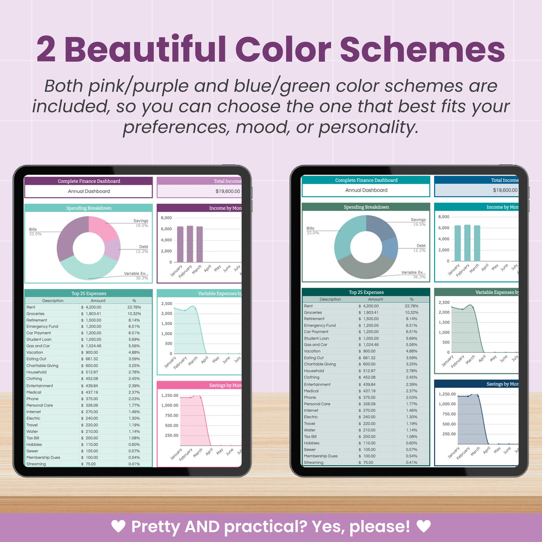 Two tablets show Abby Organizes’ Complete Finance Dashboard and Annual Budget System for Google Sheets—one in pink/purple, the other in blue/green. Text above highlights color options and the practical, intuitive design of this net worth calculator.