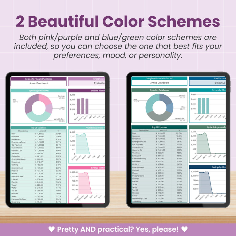 Two tablets show Abby Organizes’ Complete Finance Dashboard and Annual Budget System for Google Sheets—one in pink/purple, the other in blue/green. Text above highlights color options and the practical, intuitive design of this net worth calculator.