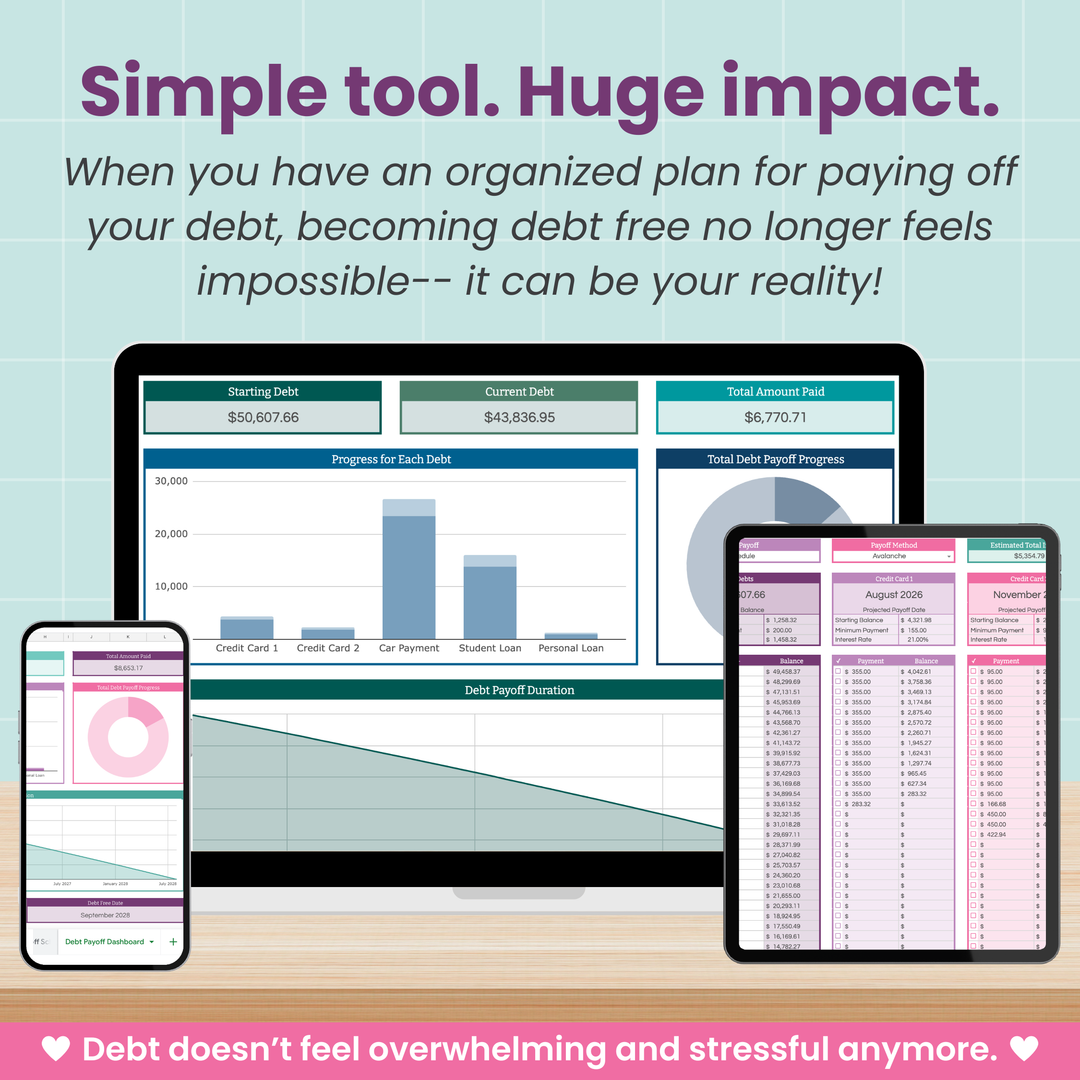 Digital tools for managing debt on a computer screen, tablet, and smartphone with motivational text.