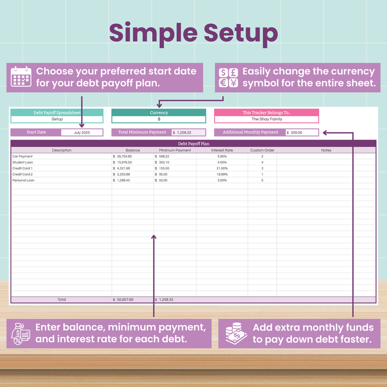 Debt payoff plan spreadsheet with setup instructions on a light blue background