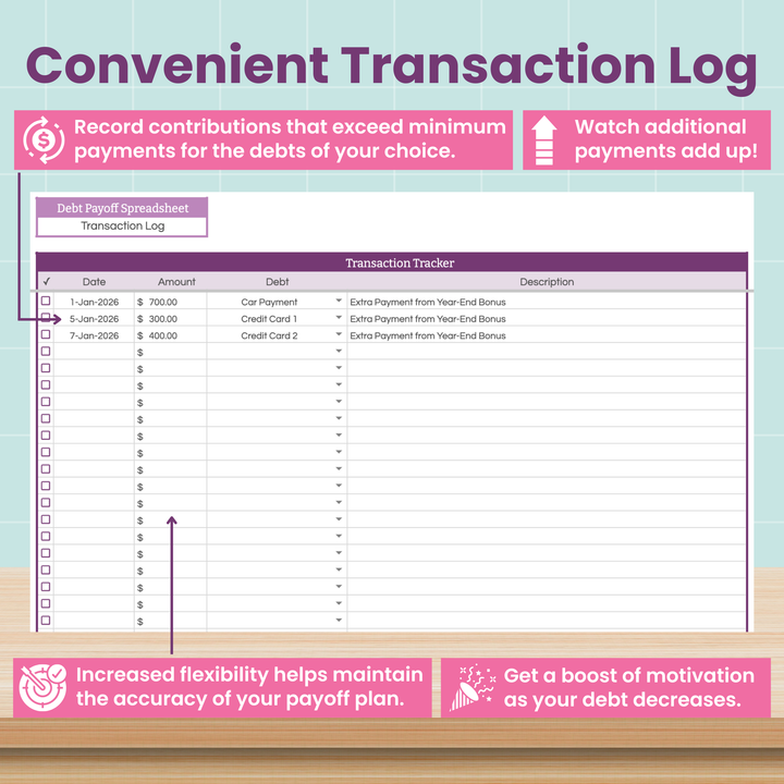 Transaction log sheet for debt payoff with a colorful background