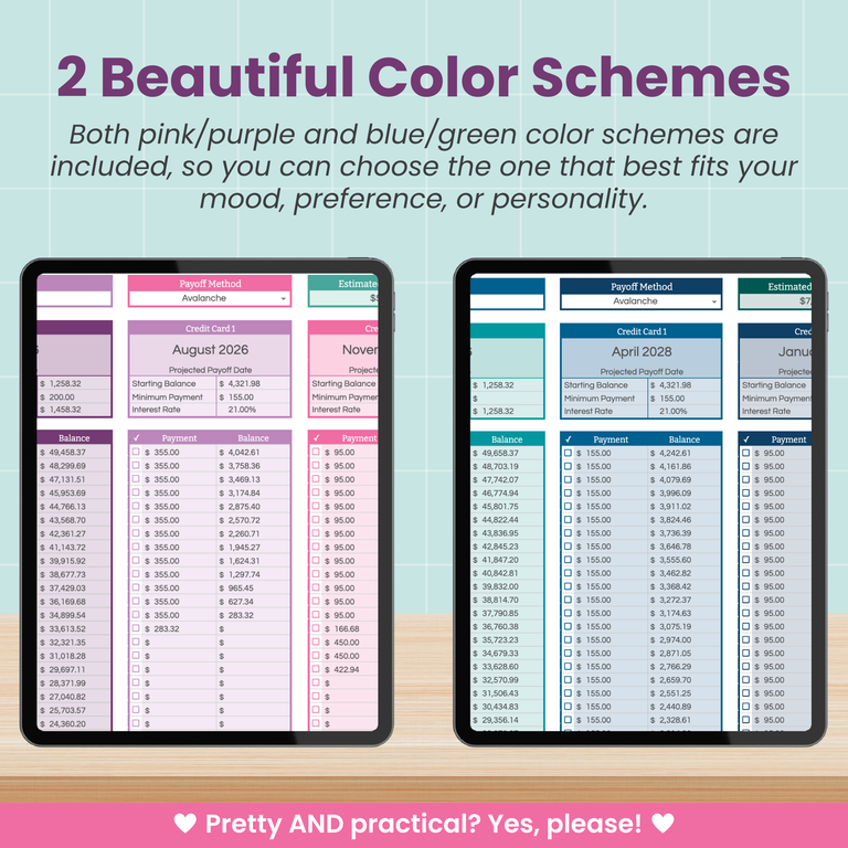 Two digital spreadsheets displayed on tablets with text about color schemes and choice.