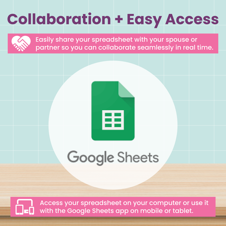 Google Sheets icon with text about collaboration and easy access on a light blue background