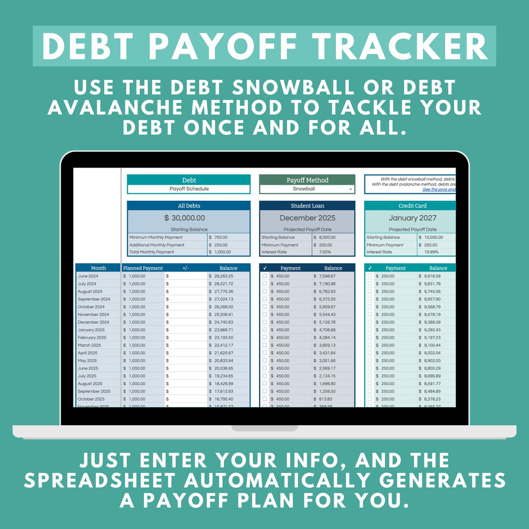 Enter the information about your debts, and the debt payoff tracker automatically generates a debt payoff plan for you using the debt snowball or debt avalanche method.