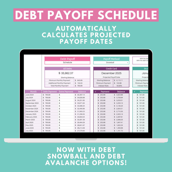 Debt Payoff Schedule, part of the Debt Snowball Spreadsheet for Google Sheets. Automatically calculates projected debt payoff dates. You can watch your payoff speed up as your snowball increases! Debt Avalanche Method Also Included.