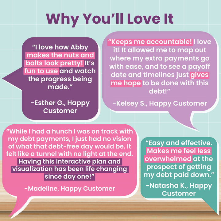 A graphic titled "Why You'll Love It" displays four colorful speech bubbles with customer testimonials praising a debt payment tool for its visual aid, accountability, and stress reduction.