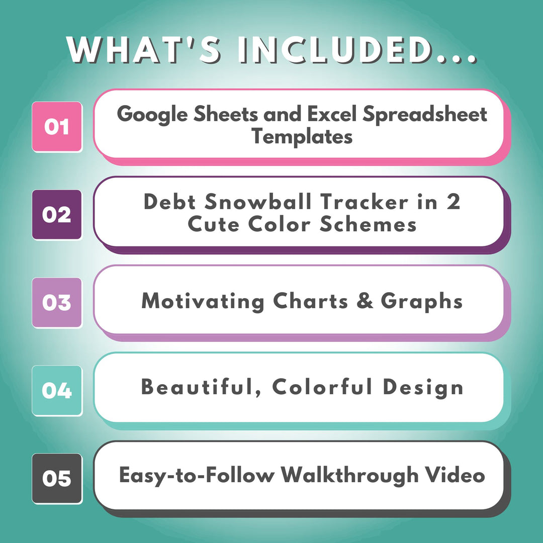 Abby Organizes' Debt Snowball Spreadsheet offers a vibrant design with motivating charts and graphs, two charming color schemes, and includes templates for Google Sheets and Excel. It also features an easy-to-follow walkthrough video to help you efficiently manage and pay off debt.