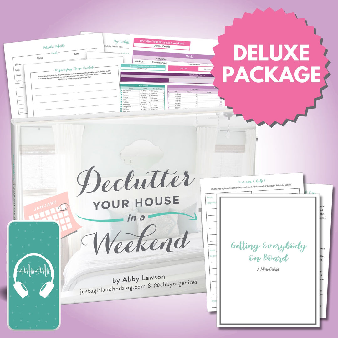 A promotional image for the "Deluxe Declutter Your House in a Weekend Package" by Abby Organizes features a digital guide titled "Getting Everybody on Board," headphones for audio content, and printables + spreadsheet to streamline your decluttering process effortlessly.