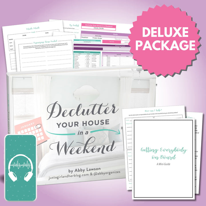 A promotional image for the "Deluxe Declutter Your House in a Weekend Package" by Abby Organizes features a digital guide titled "Getting Everybody on Board," headphones for audio content, and printables + spreadsheet to streamline your decluttering process effortlessly.