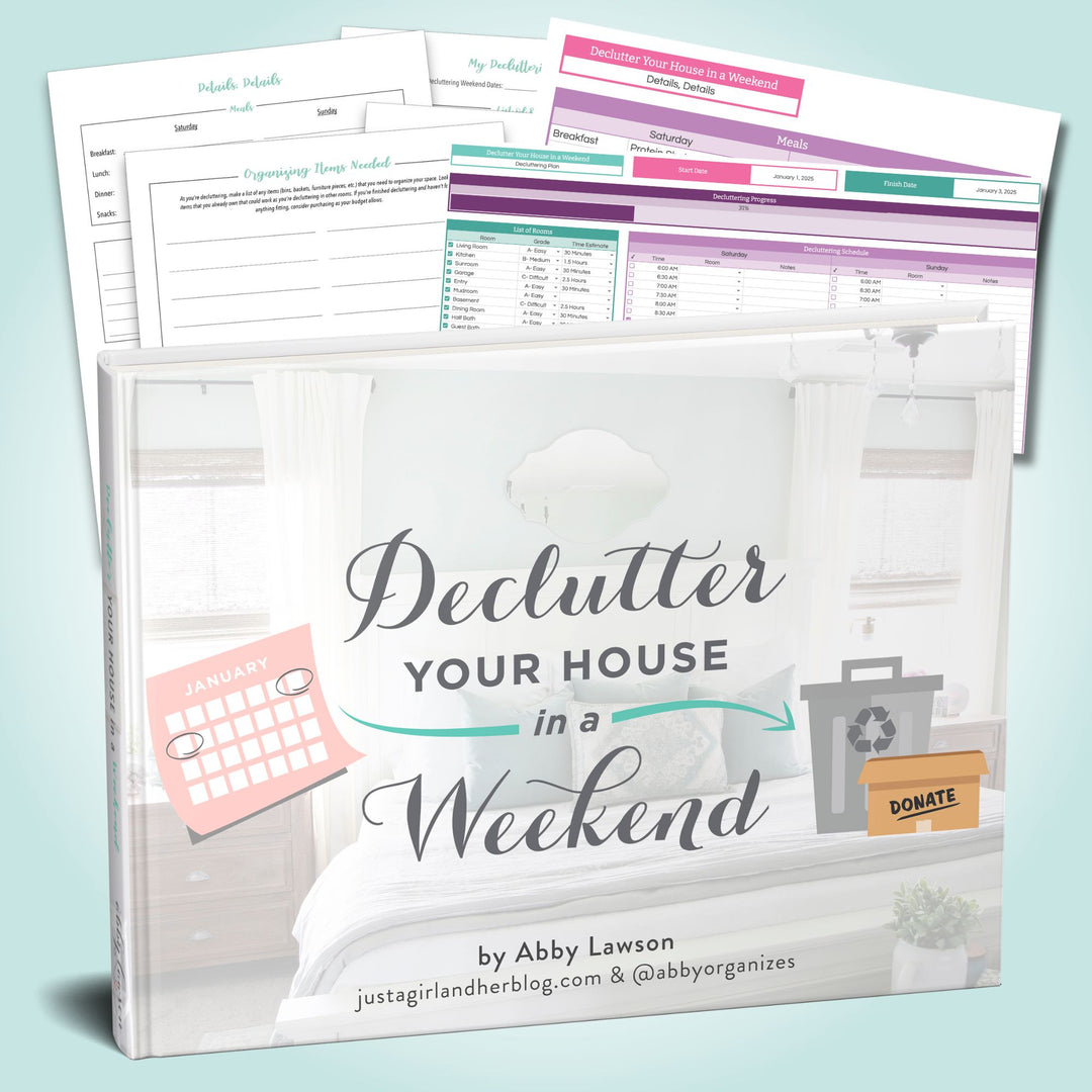 The "Declutter Your House in a Weekend Guide" by Abby Organizes features a cover with a tidy bedroom, pastel organizing templates, and icons of a calendar and recycling bin to aid efficient time management.