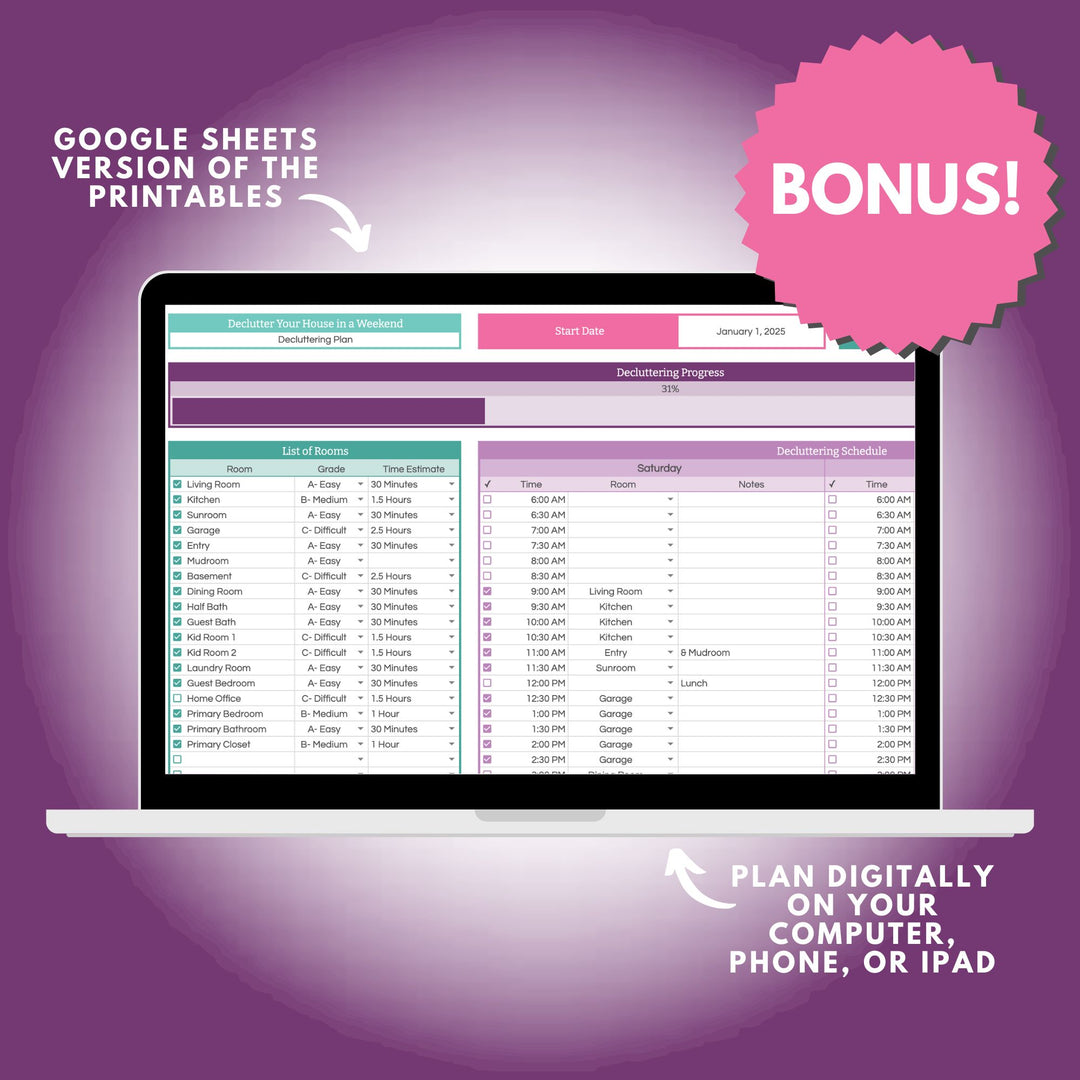 A laptop shows the "Declutter Your House in a Weekend Planning Spreadsheet" by Abby Organizes on a purple background. The screen features a room list and schedule in spreadsheet format, marking the decluttering start. 