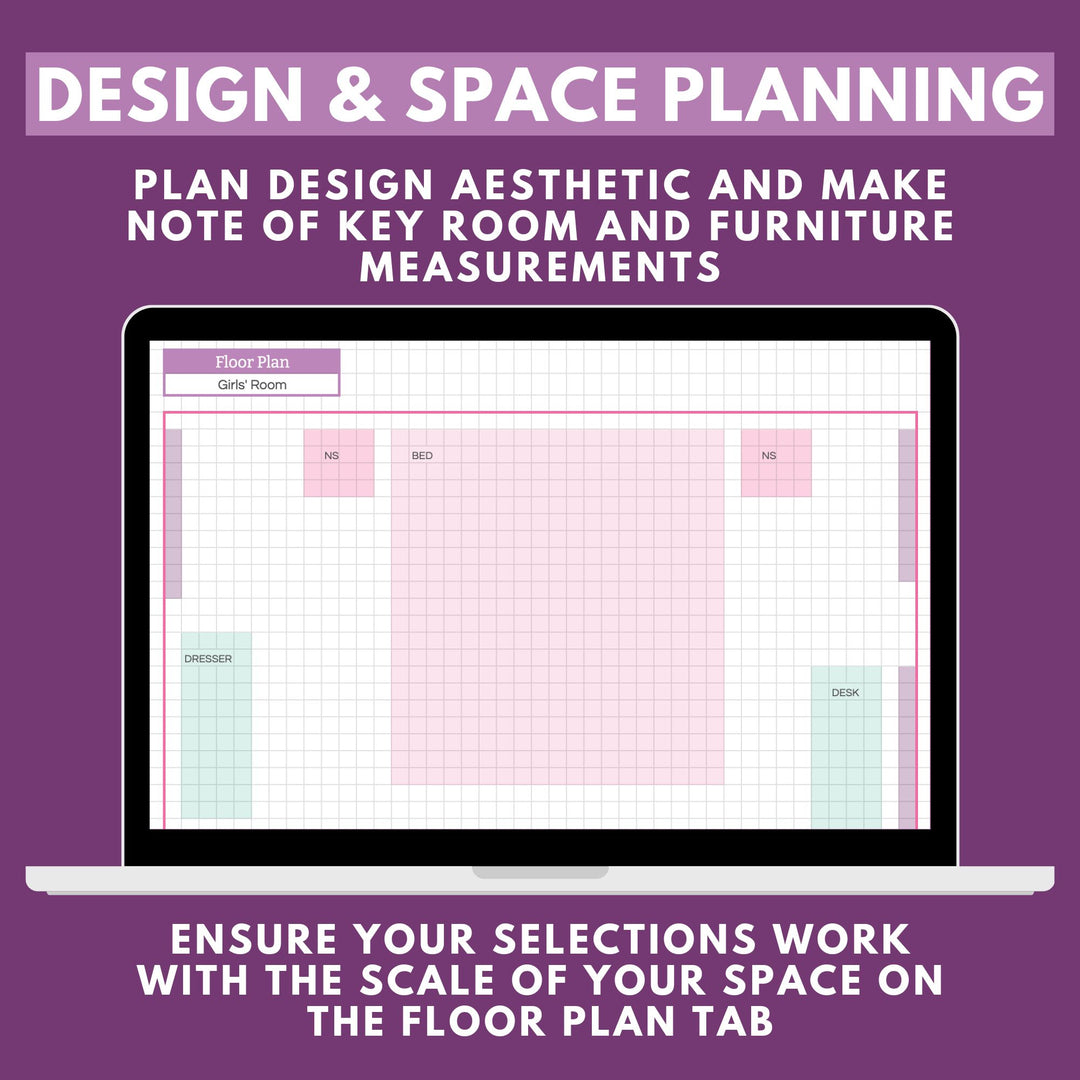 A laptop displays a bedroom floor plan with labeled furniture on-screen. Above is the text "Home Renovation Project Spreadsheet for Google Sheets" by Abby Organizes, while below it reads, "Tackle your organizing challenges and ensure selections fit with the scale of your space on the floor plan tab," all set against a purple background.