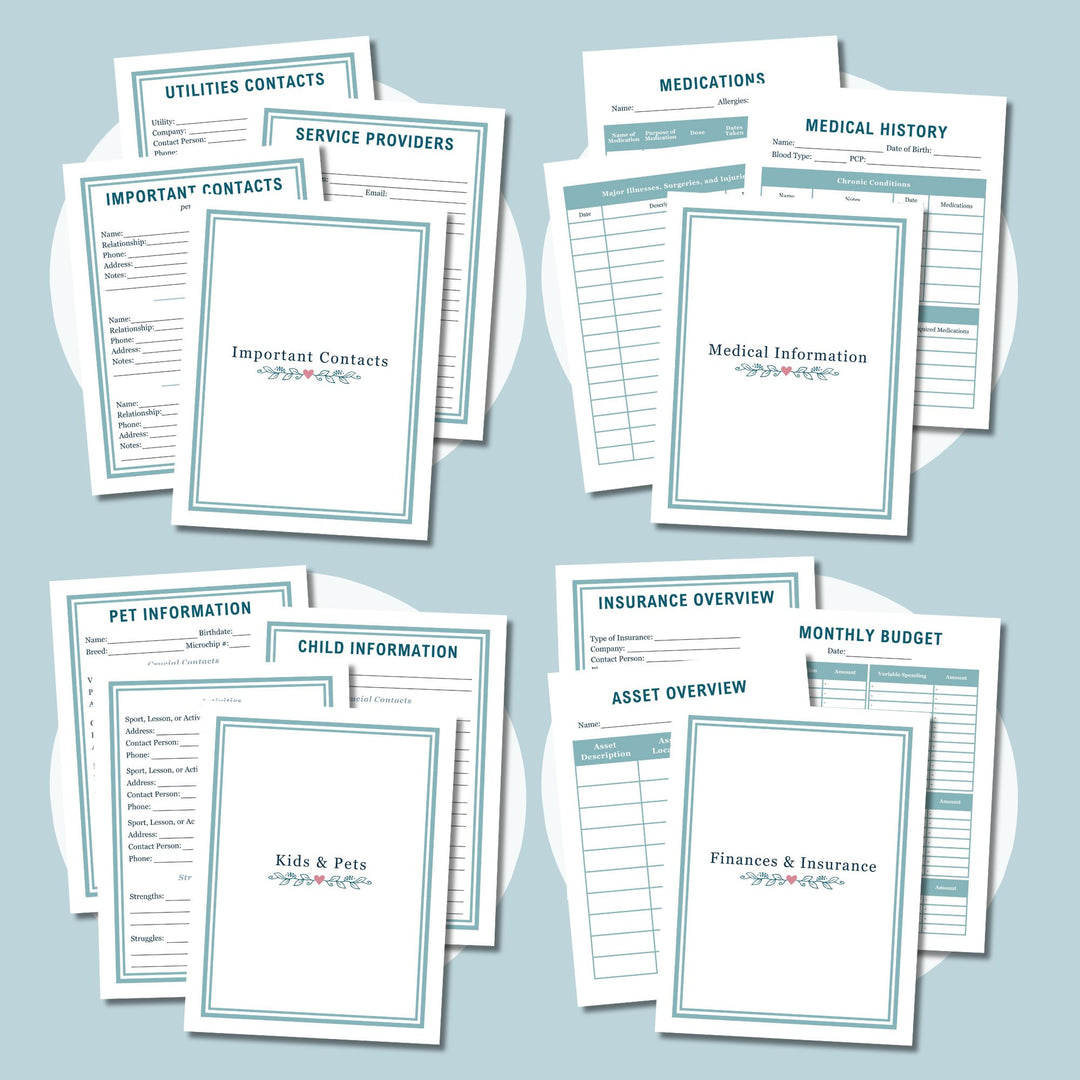 Important Contacts, Medical Information, Kids and Pets, Finances and Insurance Editable Printables from Emergency Binder Canva Templates