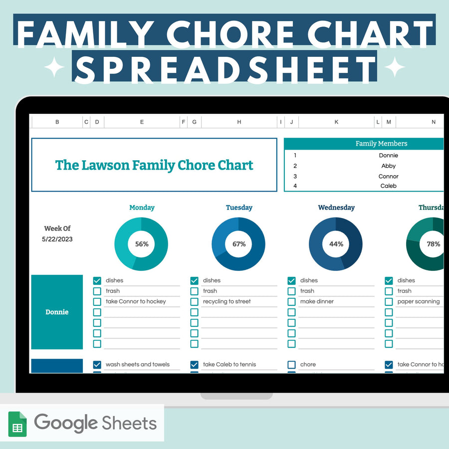 Family Chore Chart Spreadsheet to Track Progress on Chores and Responsibilities for 1-6 Family Members