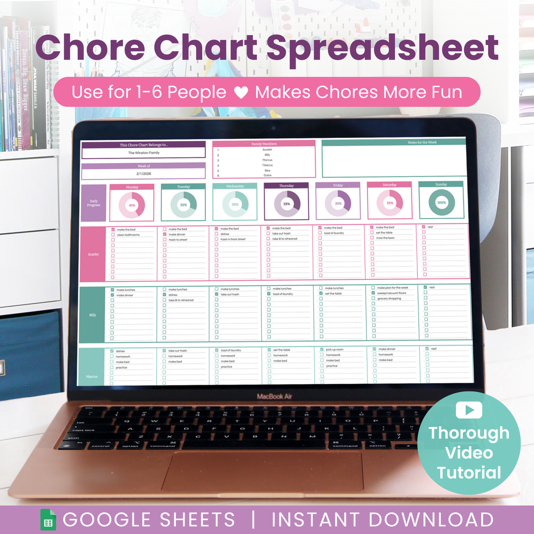 The Abby Organizes Family Chore Chart Spreadsheet for Google Sheets displays colorful interactive charts for up to six users, featuring graphs and sections. Includes instant download and a detailed video tutorial.