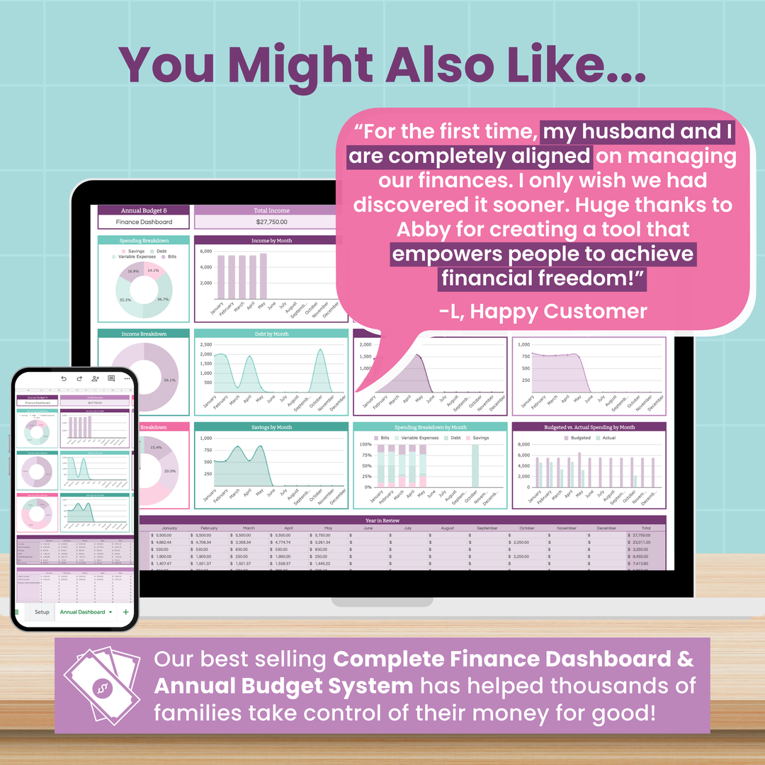 A promotional graphic shows a laptop and phone with finance dashboards, a testimonial for Abby Organizes' Family Chore Chart Spreadsheet for Google Sheets, and highlights its popularity with families who love the interactive tracking features.