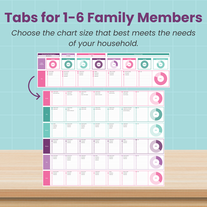 The Abby Organizes Family Chore Chart Spreadsheet for Google Sheets features a colorful, interactive chart sized for 1-6 family members, making it easy to organize and personalize household tasks to suit your family's needs.