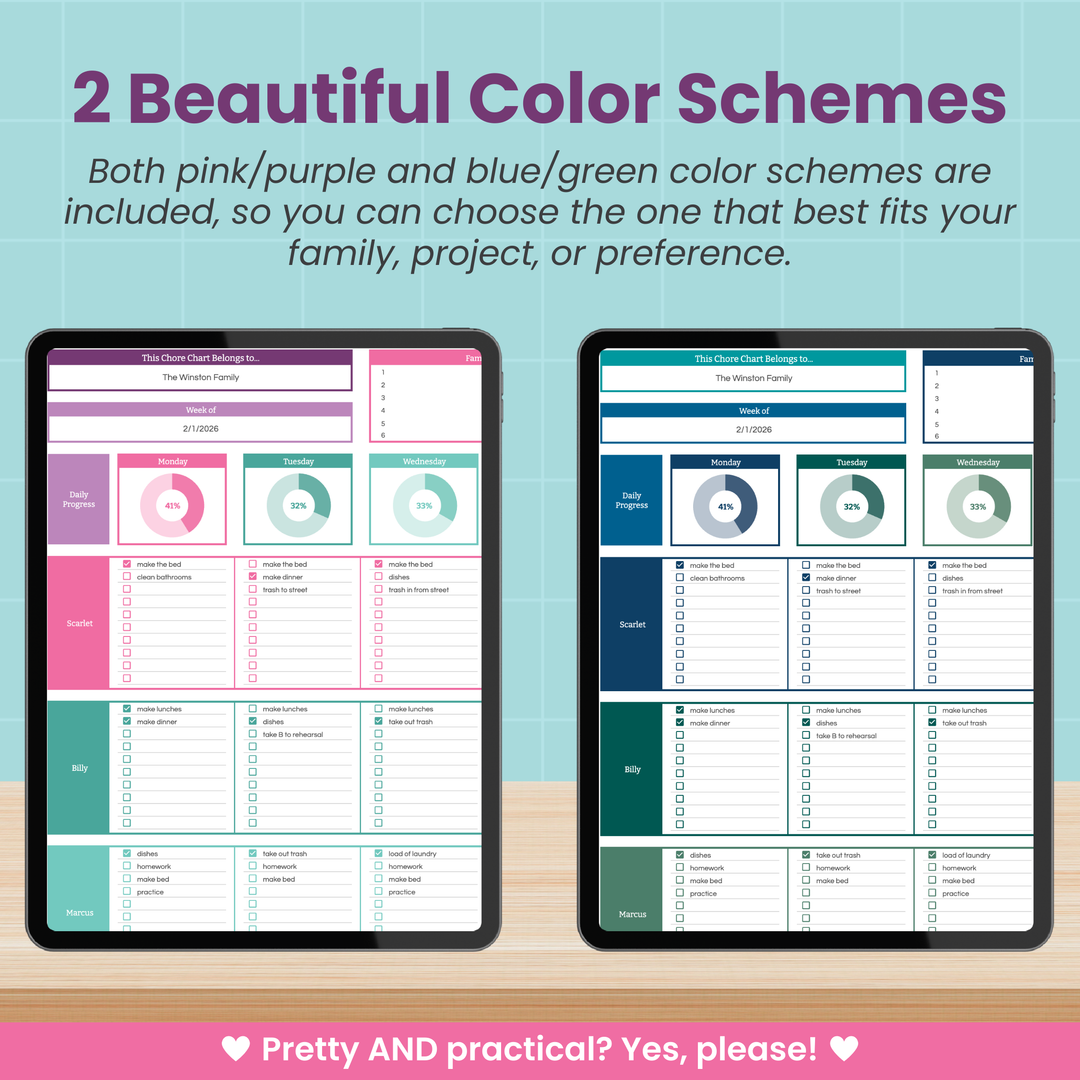 Two tablets show the Abby Organizes Family Chore Chart Spreadsheet for Google Sheets, in pink/purple and blue/green themes. Weekly tasks are visible, highlighting both customizable color options for easy family planning.