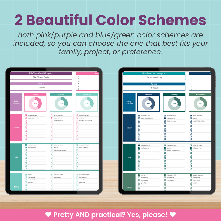 Two tablets show the Abby Organizes Family Chore Chart Spreadsheet for Google Sheets, in pink/purple and blue/green themes. Weekly tasks are visible, highlighting both customizable color options for easy family planning.