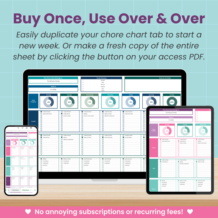 A computer monitor, tablet, and smartphone display the Abby Organizes Family Chore Chart Spreadsheet for Google Sheets. The interactive chart can be reused with no subscriptions or recurring fees. A light blue background features decorative hearts at the bottom.