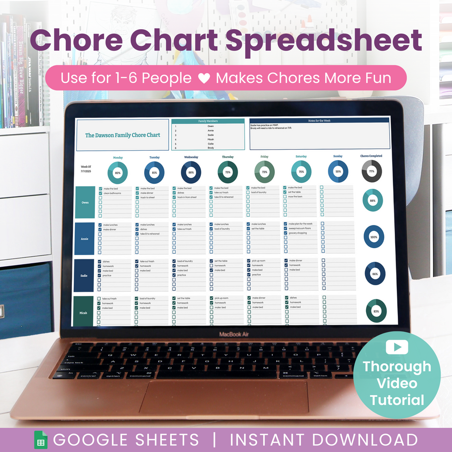A laptop displays a colorful chore chart spreadsheet for families, designed for 1–6 people. Text on the image advertises Google Sheets compatibility, instant download, and a thorough video tutorial.