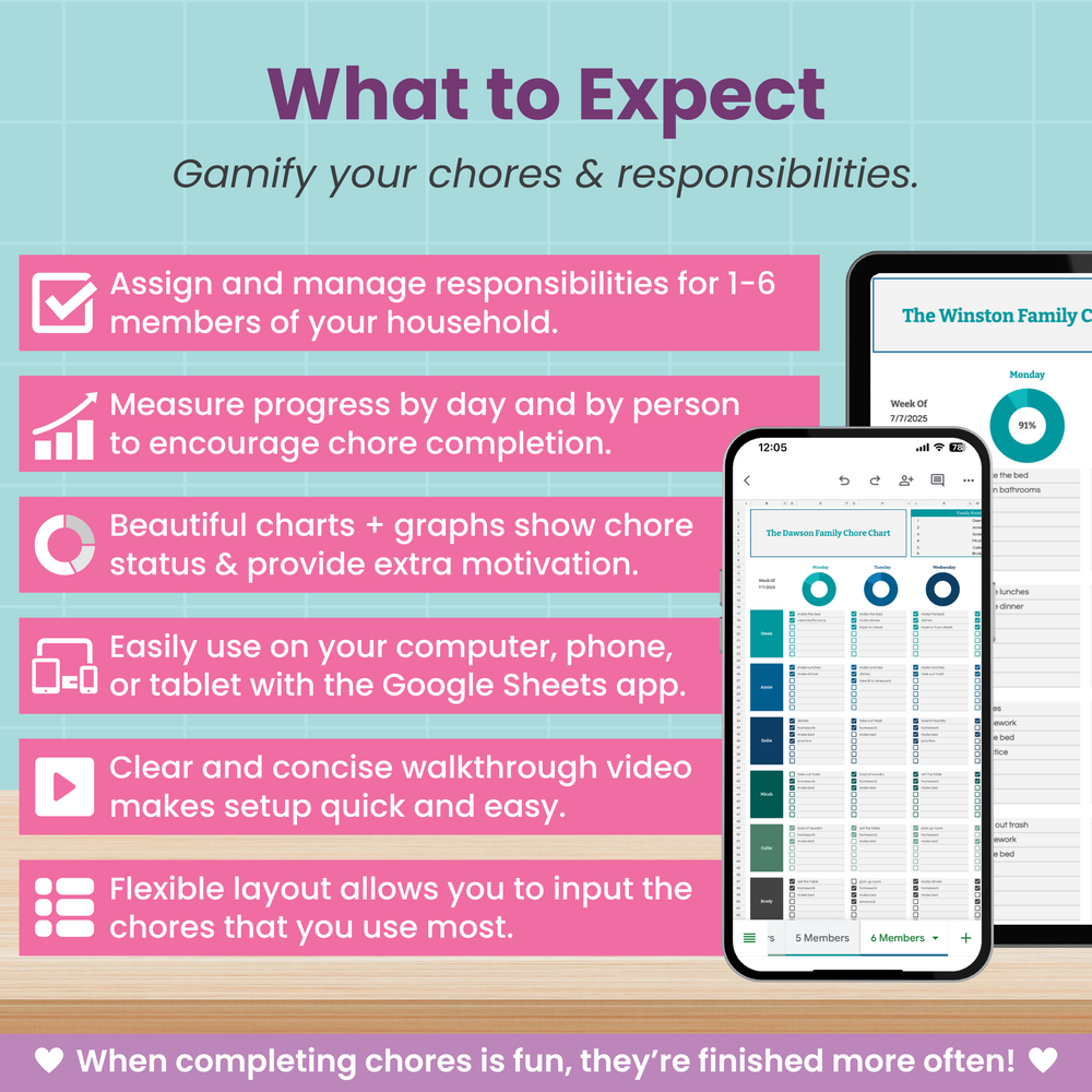 A promotional graphic for a chores spreadsheet shows features like assigning tasks, tracking progress, colorful charts, Google Sheets access, easy walkthroughs, and a flexible layout. A smartphone displaying the spreadsheet is shown on the right.