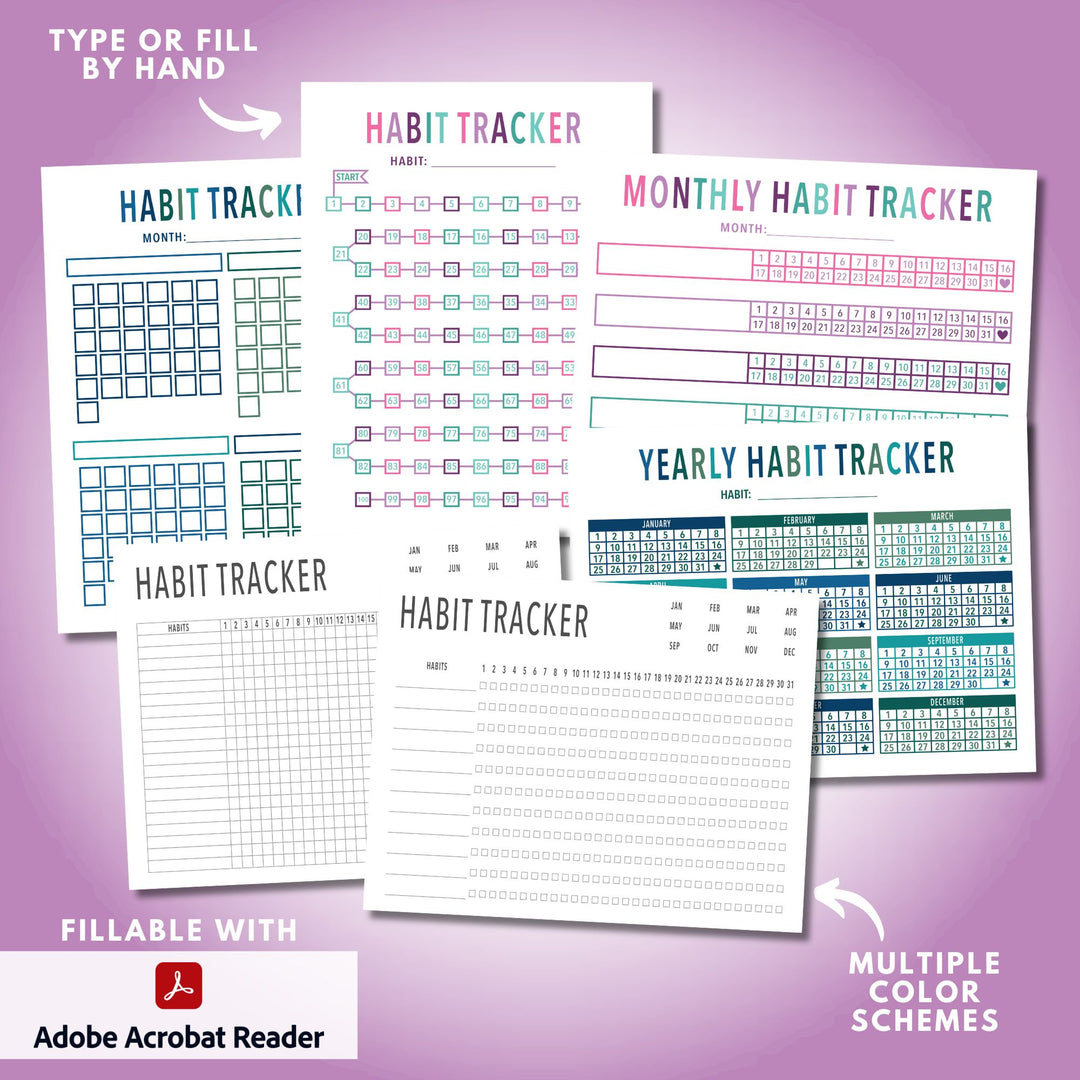 Fillable Habit Tracker Printables, Can be filled in on a computer using the free Adobe Acrobat Reader program or filled by hand.