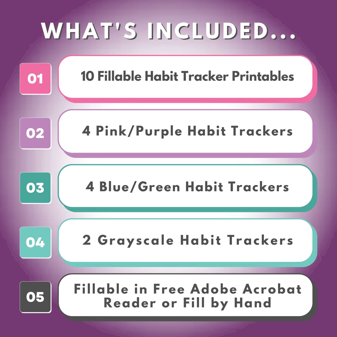 List of Everything Included with the Fillable Habit Tracker Printables, 10 Habit Tracker Printables in 3 Color Schemes