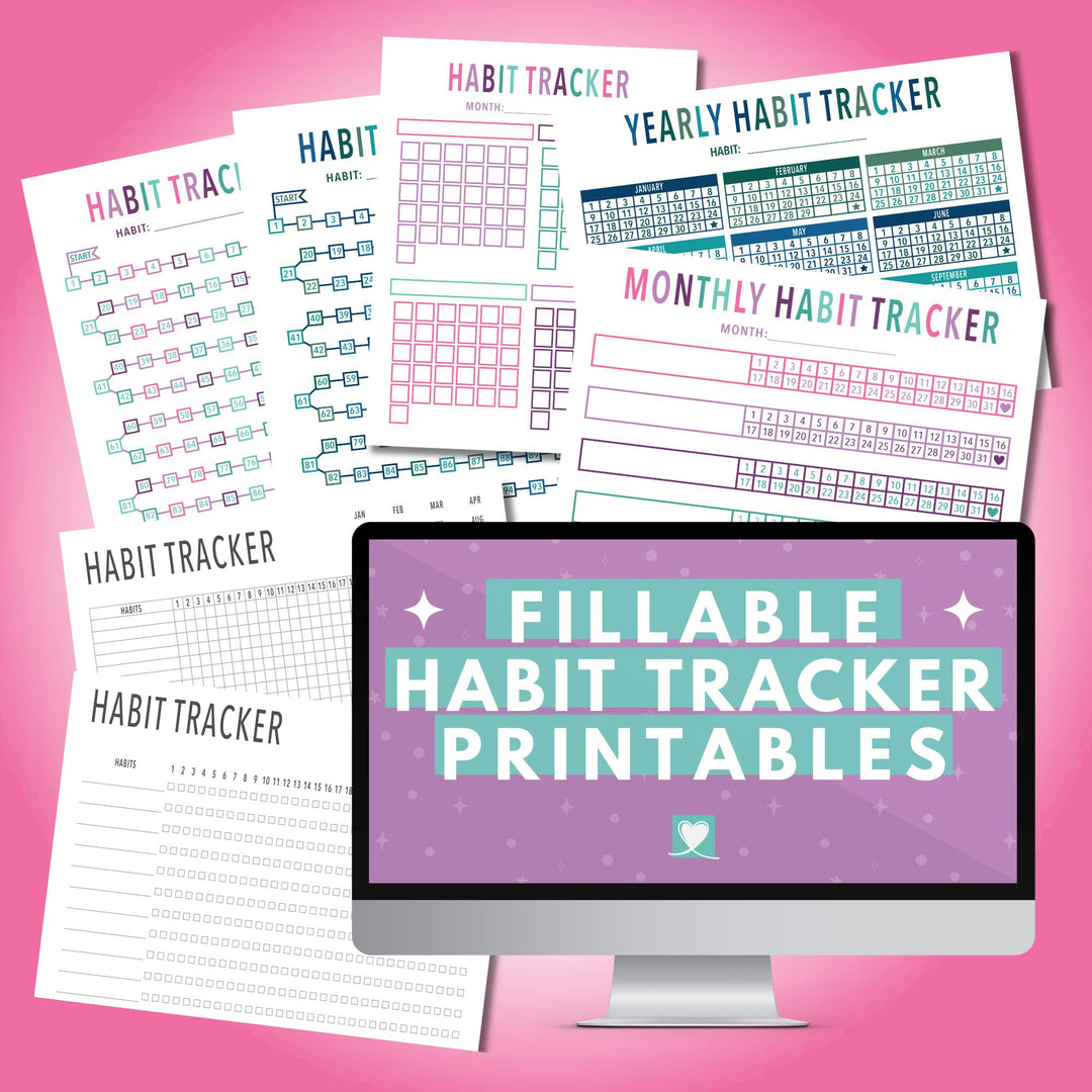 Fillable Habit Tracker Printables, Can be filled in on a computer using the free Adobe Acrobat Reader program or filled by hand.