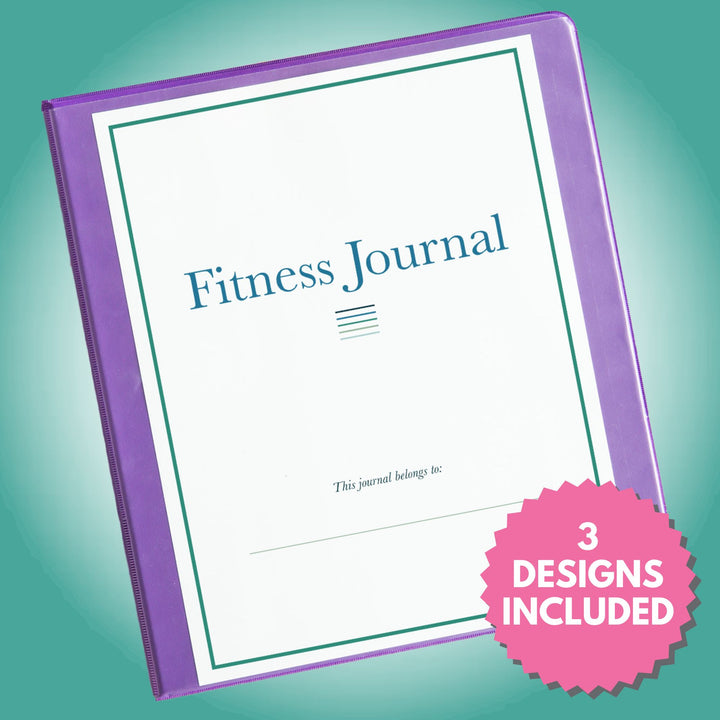 Fitness Journal Printables Cover on a Purple 3-Ring Binder