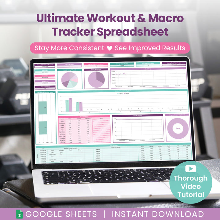 A laptop shows the Abby Organizes Workout & Macro Tracker Spreadsheet for Google Sheets with vibrant charts. "Google Sheets" and "Instant Download" buttons appear below. Ideal for tracking fitness goals and progress!.