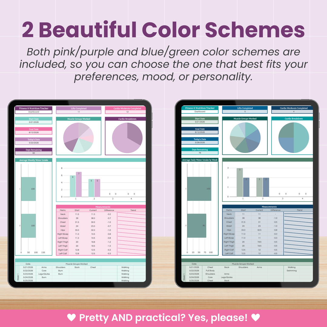 Two tablets display Abby Organizes' Workout & Macro Tracker Spreadsheet for Google Sheets. The left shows pink and purple, the right blue and green, with text above highlighting customizable colors for tracking fitness goals or workouts.