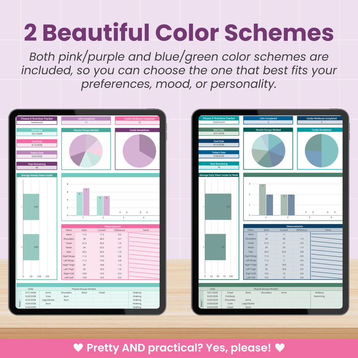 Two tablets display Abby Organizes' Workout & Macro Tracker Spreadsheet for Google Sheets. The left shows pink and purple, the right blue and green, with text above highlighting customizable colors for tracking fitness goals or workouts.
