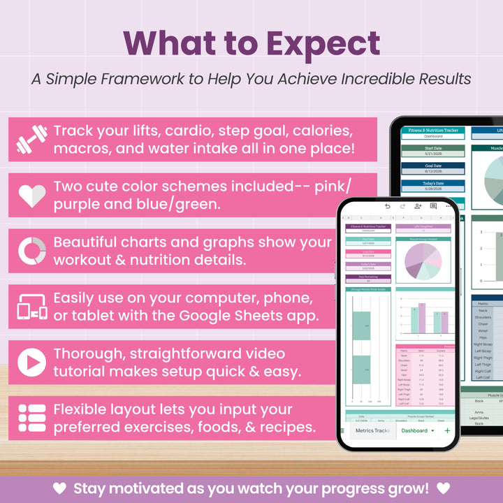 A promotional graphic for Abby Organizes’ Workout & Macro Tracker Spreadsheet for Google Sheets showcases checklists, charts on devices, and a pink-purple palette, emphasizing macro and workout tracking to help users reach their fitness goals.