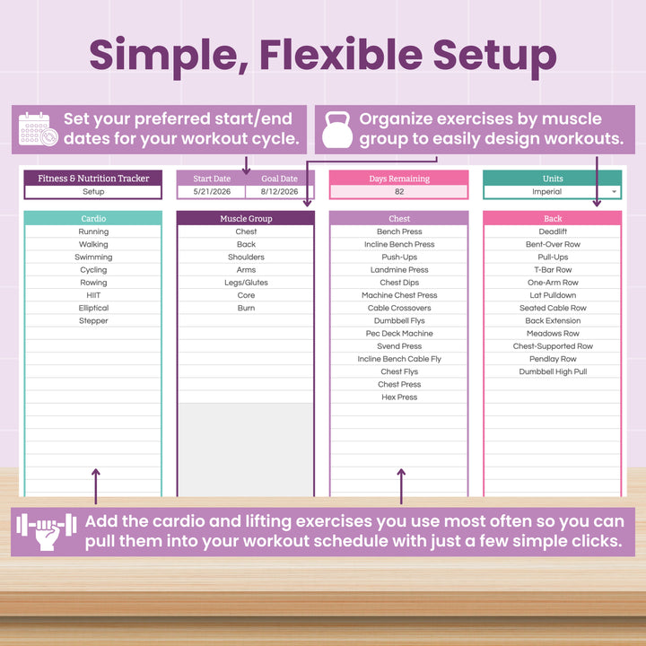 The Abby Organizes Workout & Macro Tracker Spreadsheet for Google Sheets lets you set start/end dates, pick muscle groups, track days left, choose weight units, and add frequent exercises for easy scheduling.