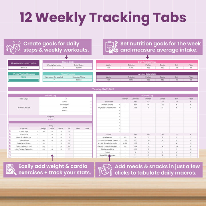 Image of Abby Organizes' Workout & Macro Tracker Spreadsheet for Google Sheets with 12 weekly tabs to set goals, track workouts, monitor macros, and log meals, snacks, and daily intake in organized tables.