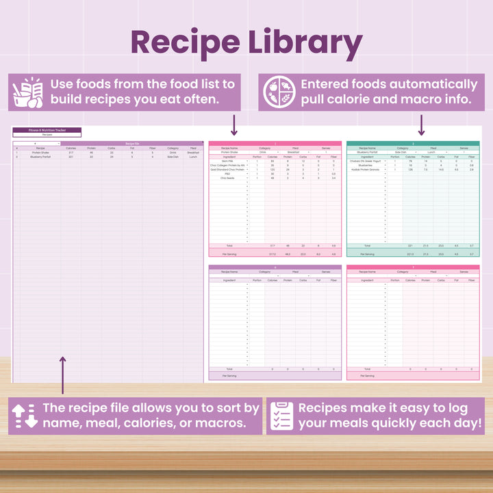 A graphic titled "Recipe Library" from Abby Organizes' Workout & Macro Tracker Spreadsheet for Google Sheets displays a digital recipe log with sorting options and sample entries—perfect for tracking meals, calories, and macros.