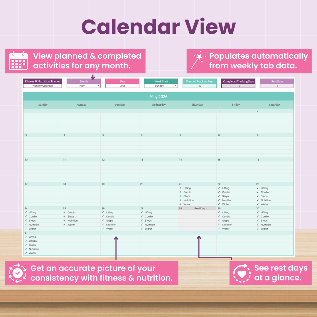 The Abby Organizes Workout & Macro Tracker Spreadsheet for Google Sheets displays a color-coded May 2026 calendar with planning, activity tracking, nutrition macros, automatic data entry, accuracy, and instant rest day viewing.