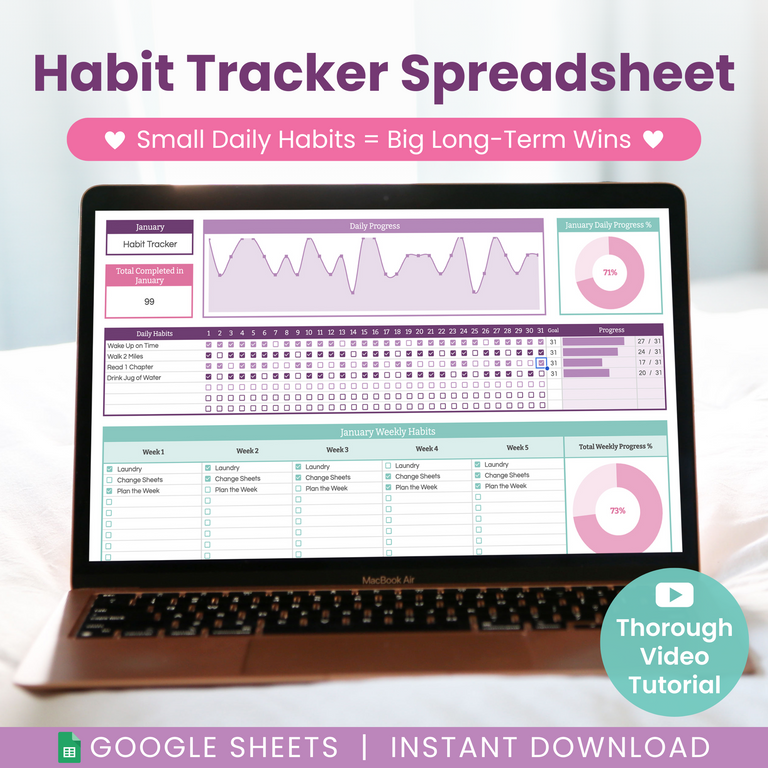 A laptop displays a colorful habit tracker spreadsheet with charts, progress circles, and habit checklists. Text reads, “Habit Tracker Spreadsheet,” “Small Daily Habits = Big Long-Term Wins,” and “Google Sheets | Instant Download.”.