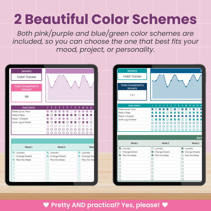Two tablets show Abby Organizes’ Habit Tracker Spreadsheet for Google Sheets in pink/purple and blue/green themes, each featuring charts, calendars, and daily habit lists with text highlighting the two available color options.
